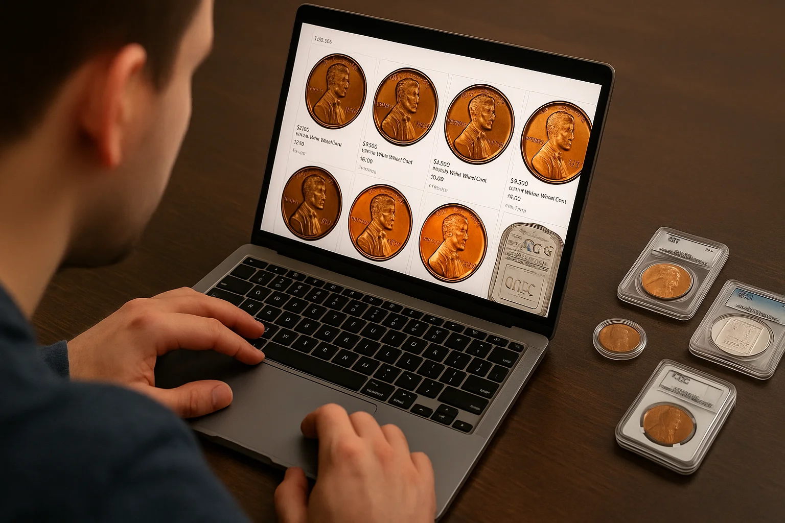 An investor studies online auction listings for Lincoln pennies, surrounded by certified coins in capsules and PCGS and NGC grading documents on the desk.
