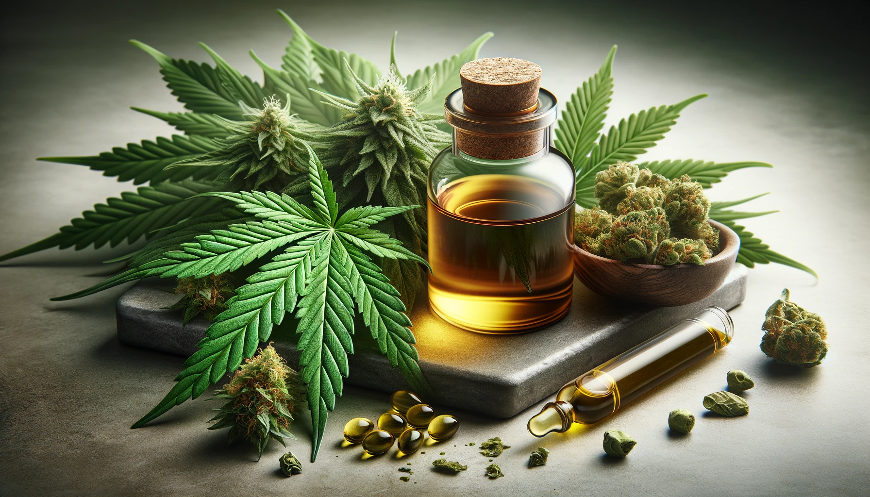 green leaves of medicinal cannabis alongside extract oil