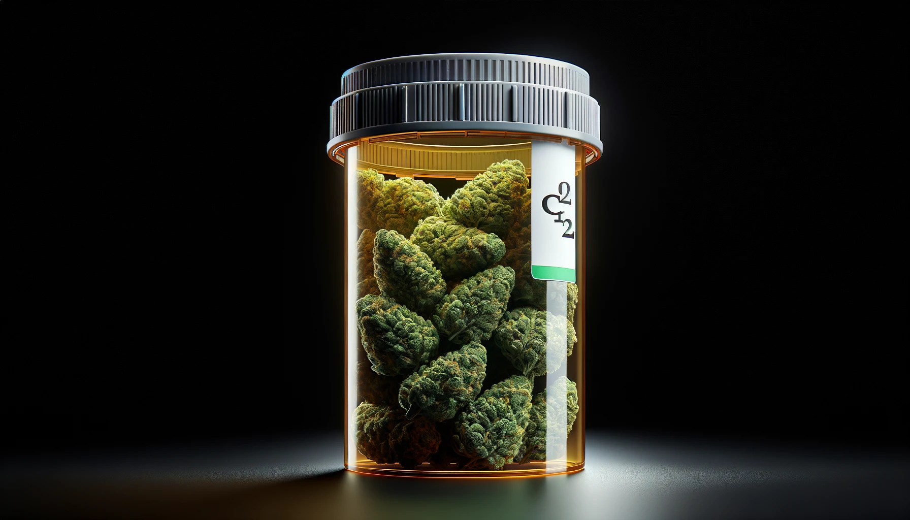 medical marijuana buds inside a large prescription bottle with a branded cap, situated on a sleek black background.