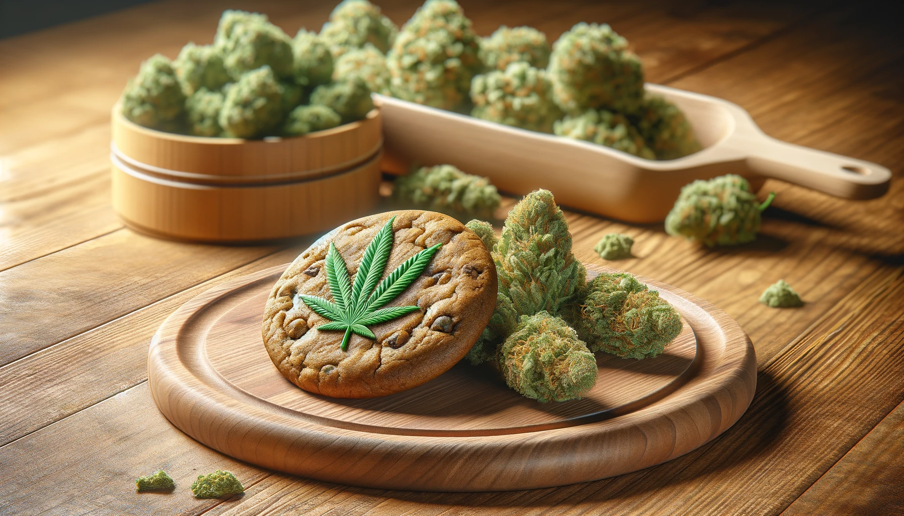 marijuana cookie placed on a wooden table, with cannabis buds in the background.