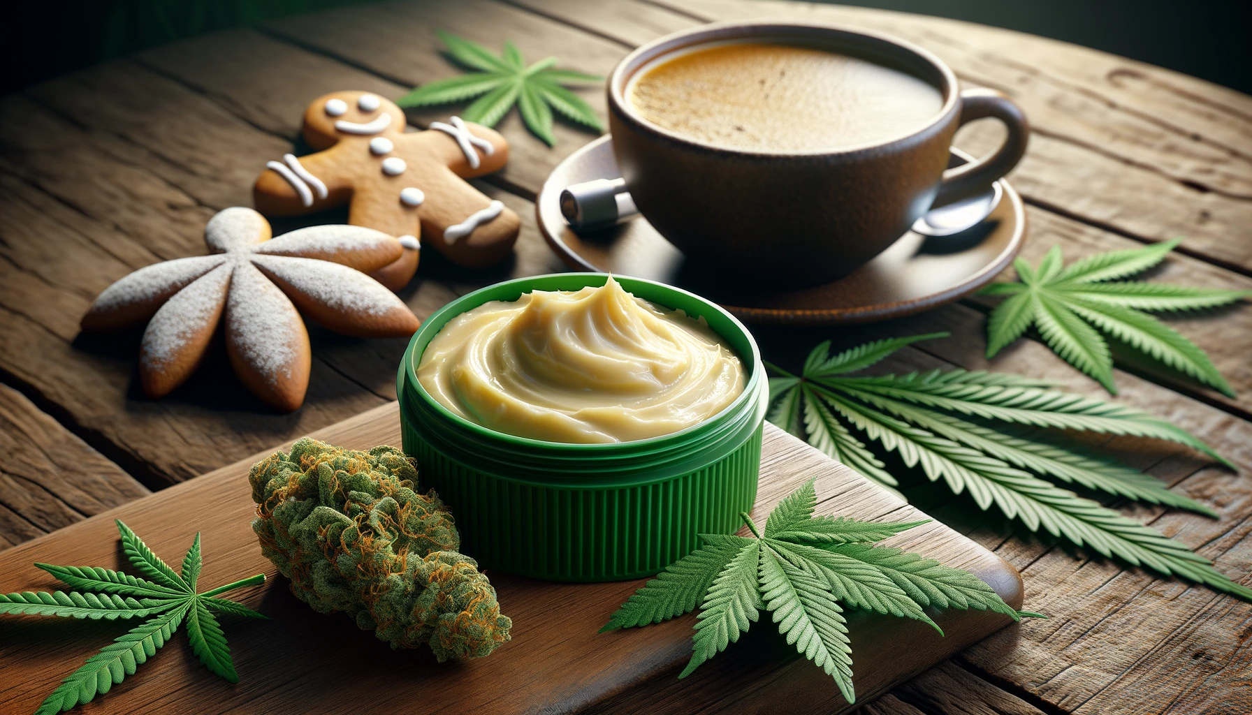 marijuana butter placed on a wooden table alongside a coffee cup, gingerbread, and green-colored leaves