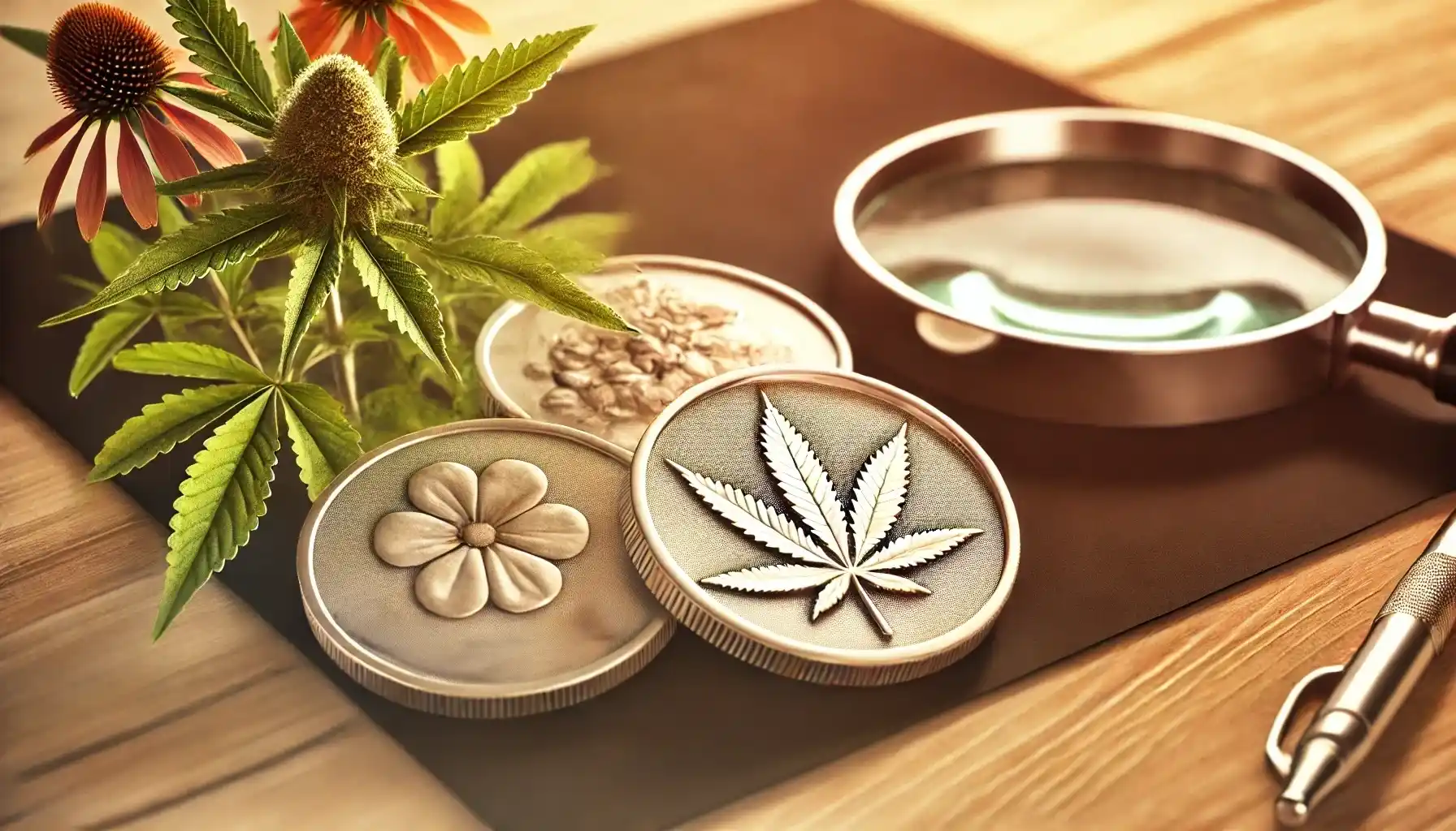 A close-up of coins featuring medicinal plants like cannabis, aloe vera, mint, and echinacea, placed on a wooden table.