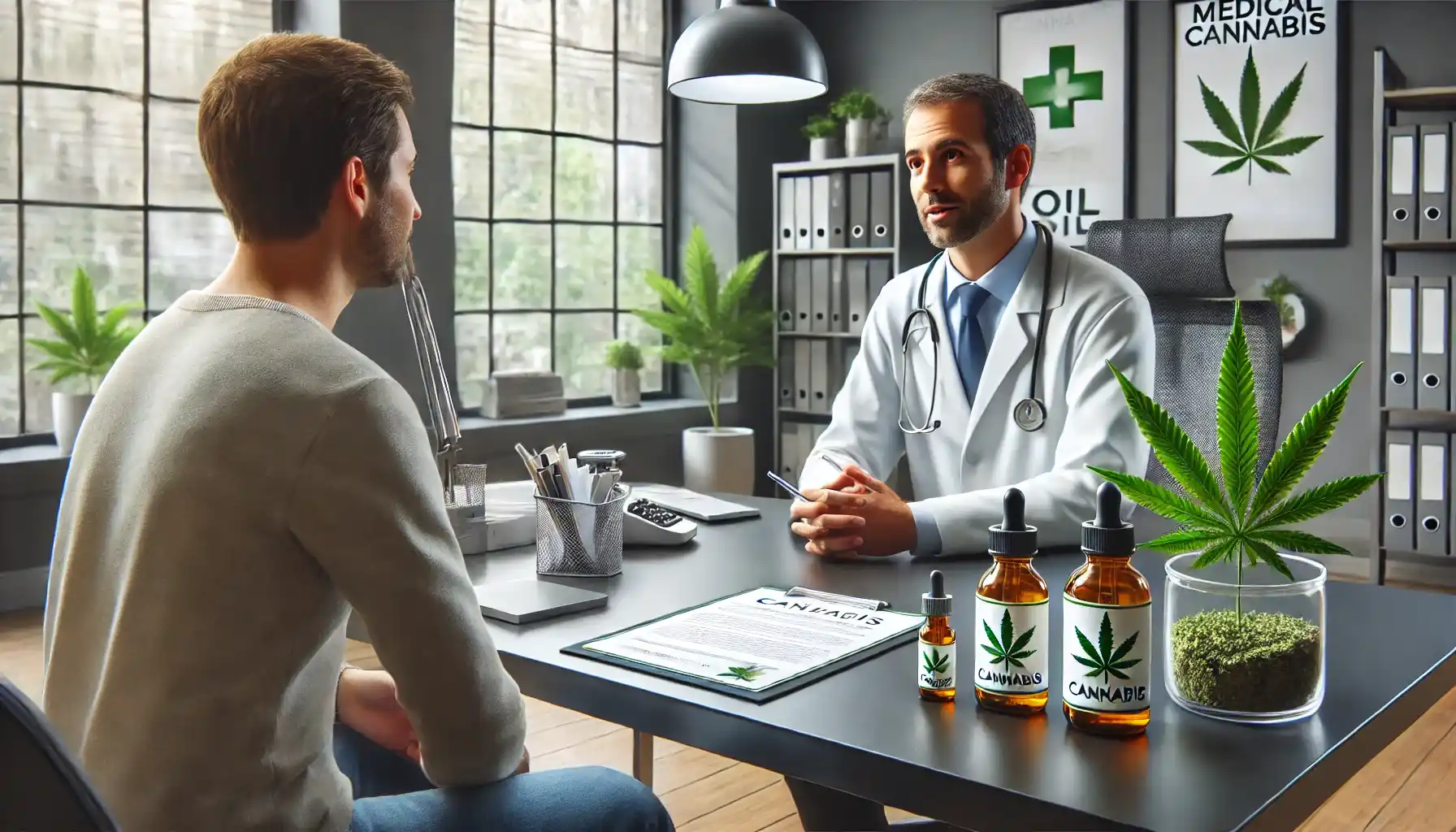 a medical consultation scene, where a doctor explains the benefits and risks of medical cannabis to a patient.