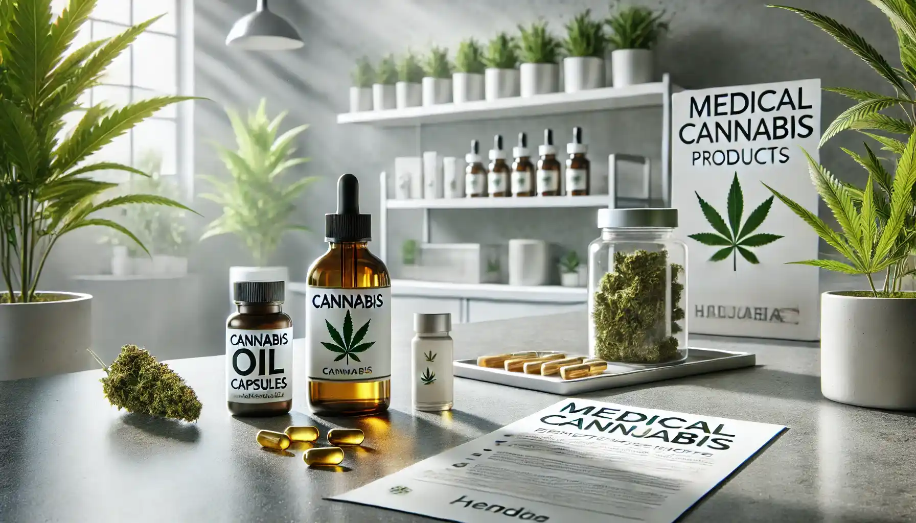 medical cannabis products displayed on a clean, professional countertop.