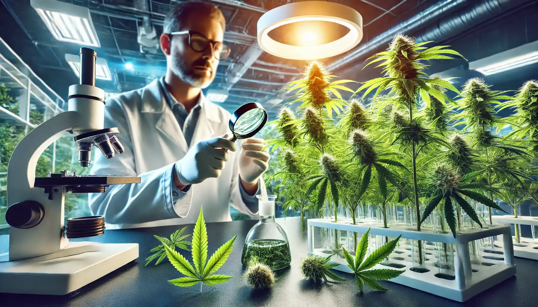 a medical professional examining cannabis plants in a laboratory setting. 