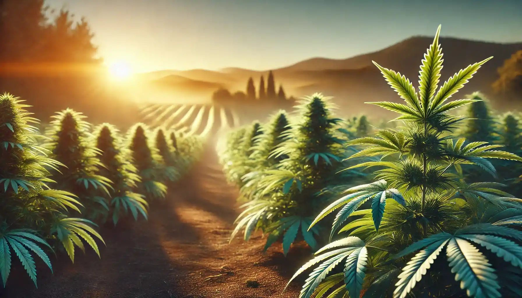 a serene cannabis cultivation farm at sunrise, highlighting rows of lush green cannabis plants.