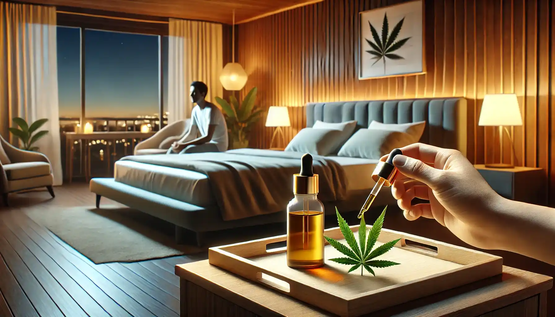 a person sitting in a cozy bedroom with a calm atmosphere, using a cannabis oil dropper before bed. 