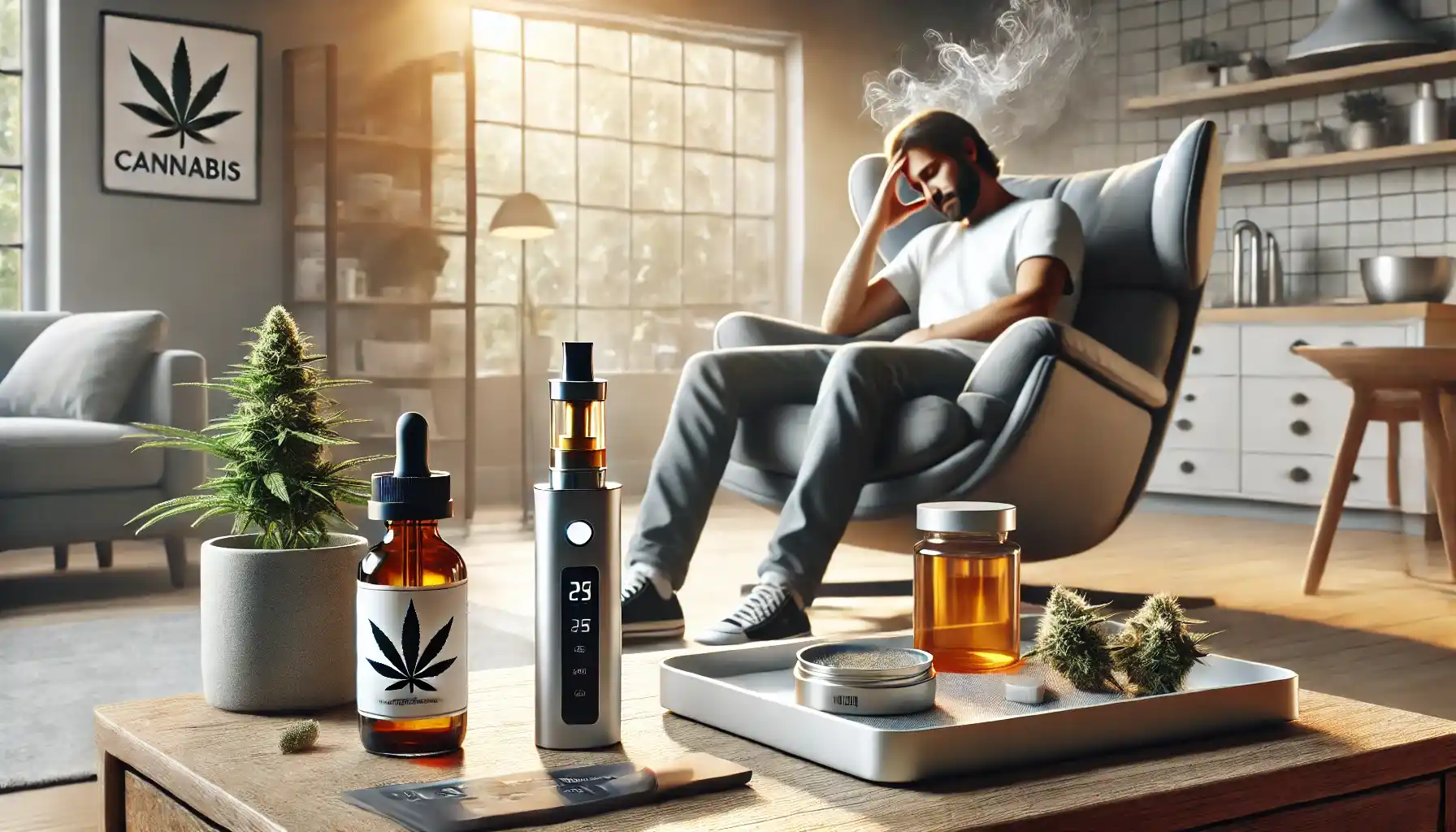 a person with chronic pain sitting comfortably in a modern living room, using a medical cannabis vaporizer.