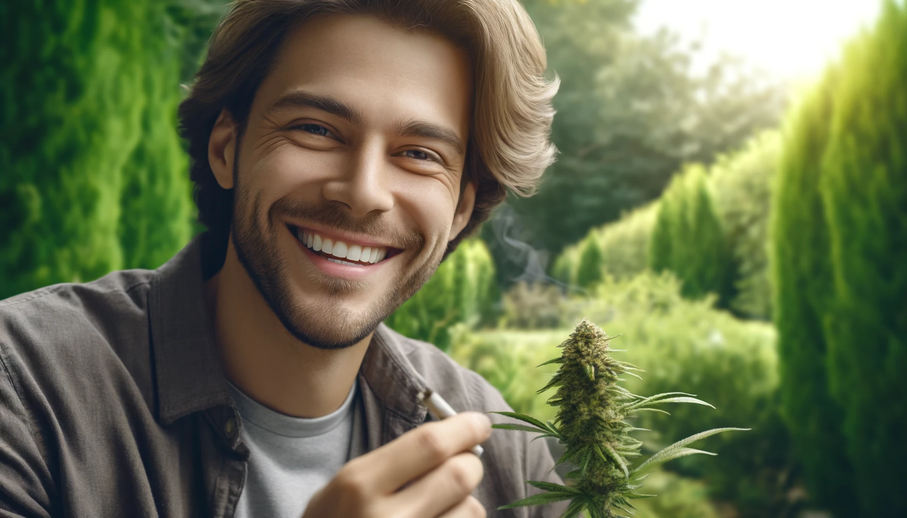 a smiling man using medical cannabis outside in a natural setting. The man appears relaxed and happy, enjoying the outdoors with greenery in the background.