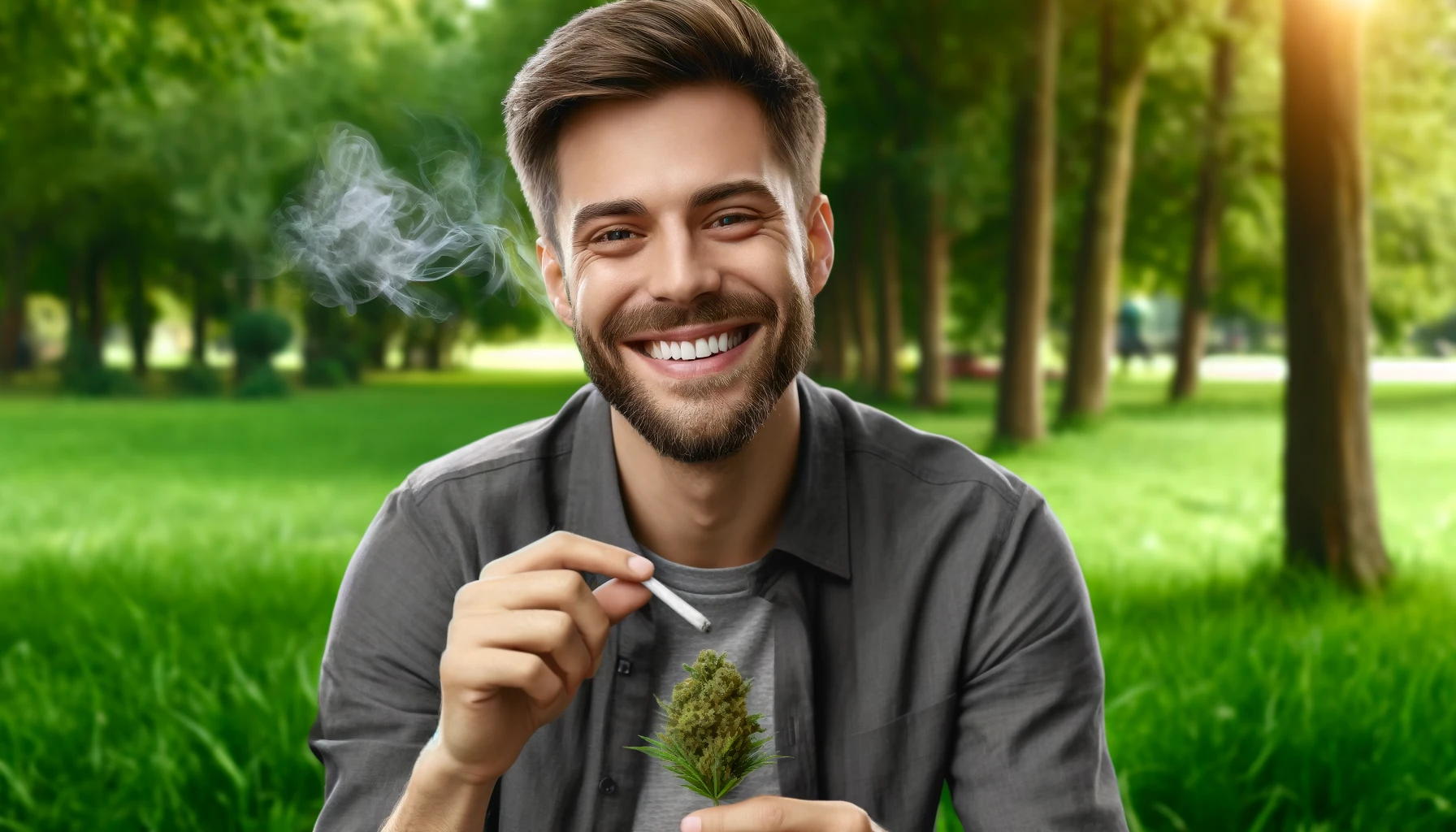 a smiling man using medical cannabis outside in a natural setting. The man appears relaxed and happy, enjoying the outdoors with greenery in the background.