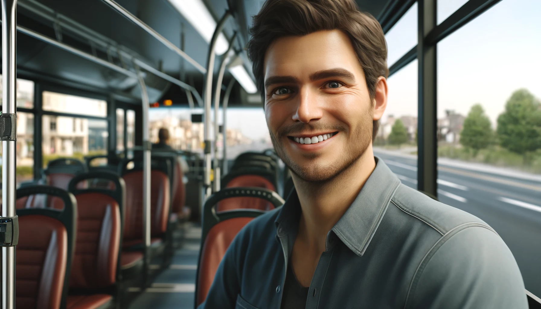 a smiling man sitting in a bus. The man looks happy and relaxed, with the bus interior visible, including seats and windows showing an urban landscape outside.