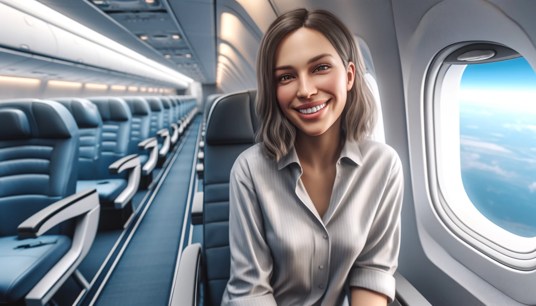 a smiling woman sitting in a plane. The woman appears relaxed and happy, with the plane interior visible, including seats and windows showing a view of the sky outside.